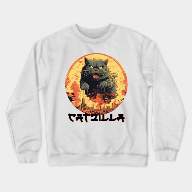 Catzilla Vintage Funny Cute Cat Art Japanese Sunset Crewneck Sweatshirt by Happy Lime